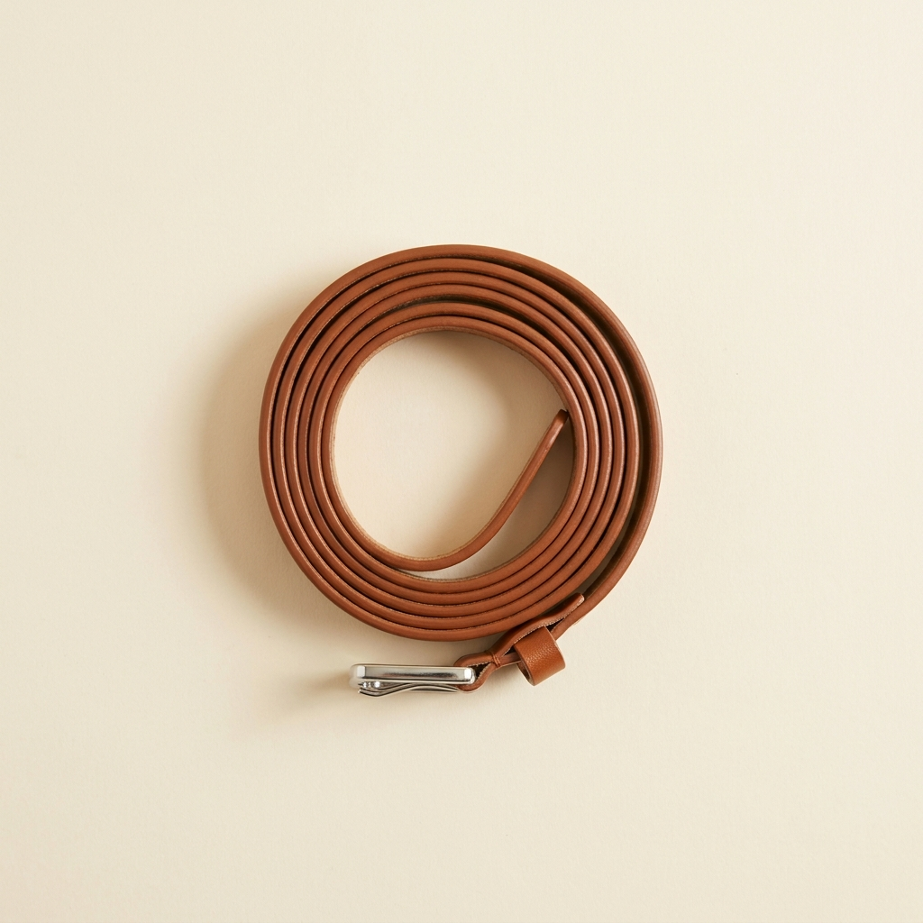 Bardot slim cognac belt with a squared silver buckle, coiled on a cream studio backdrop