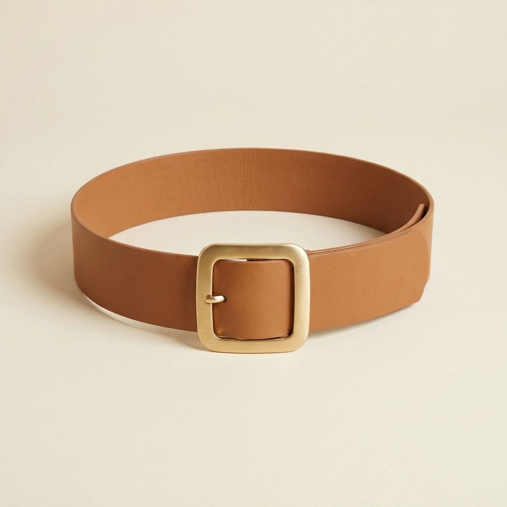 Brigitte wide tan waist belt with a large squared gold buckle, on a cream studio backdrop