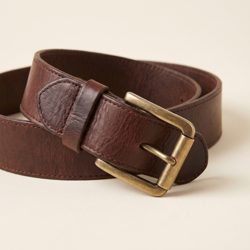 Coralie belt buckle and strap detail on a cream studio backdrop