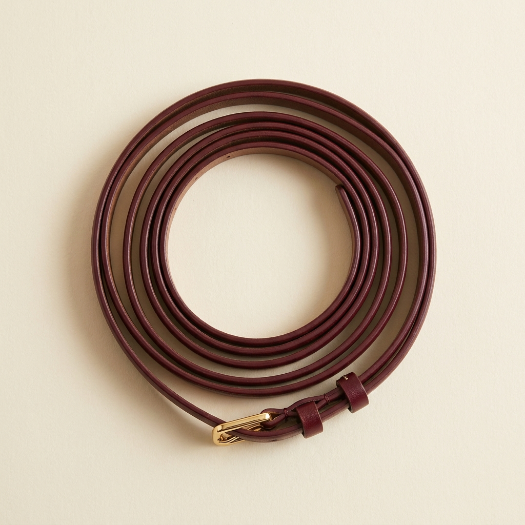 Coraline fine burgundy belt with a slim gold pin buckle, coiled on a cream studio backdrop