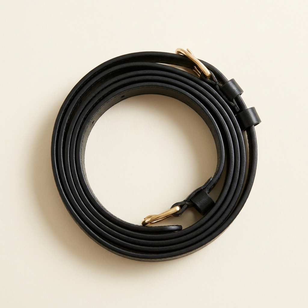 Elise slim black belt with a gold pin buckle, coiled on a cream studio backdrop