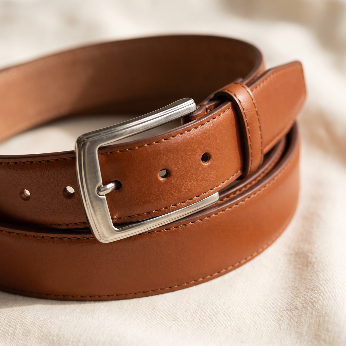 Elise belt buckle and strap detail on a cream studio backdrop