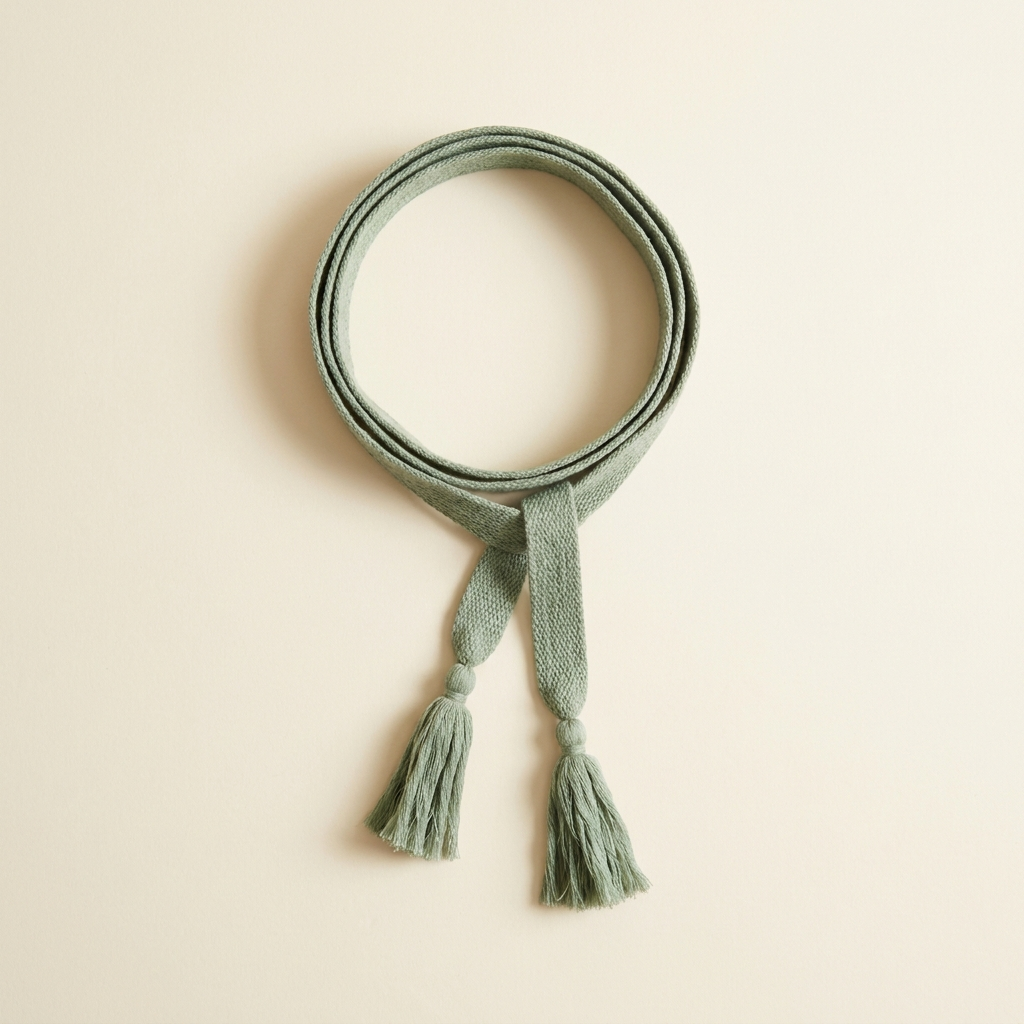Estelle sage woven tie belt with long tassels, looped on a cream studio backdrop