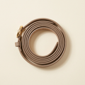 Fabienne slim taupe belt with a rounded gold C-buckle, coiled on a cream studio backdrop