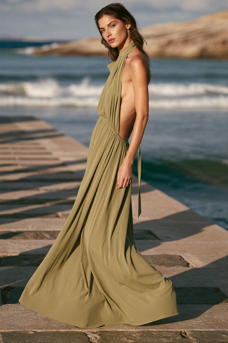 The Ravello halter maxi dress in sage by the sea