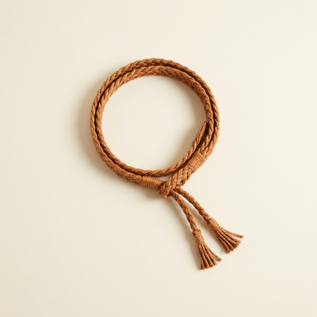 Lucie cognac braided rope belt with tasselled ends, looped on a cream studio backdrop