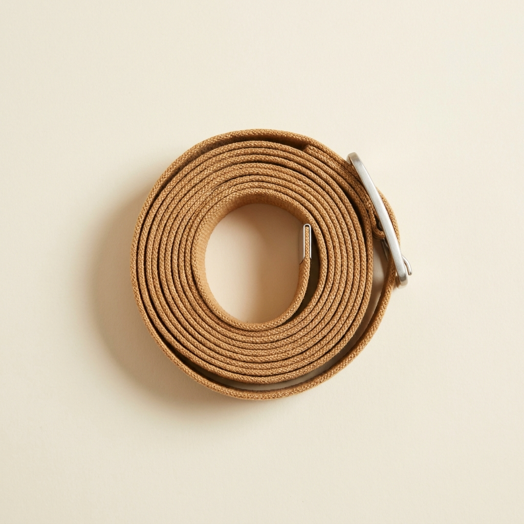 Nadege camel canvas woven belt with a silver buckle, coiled on a cream studio backdrop