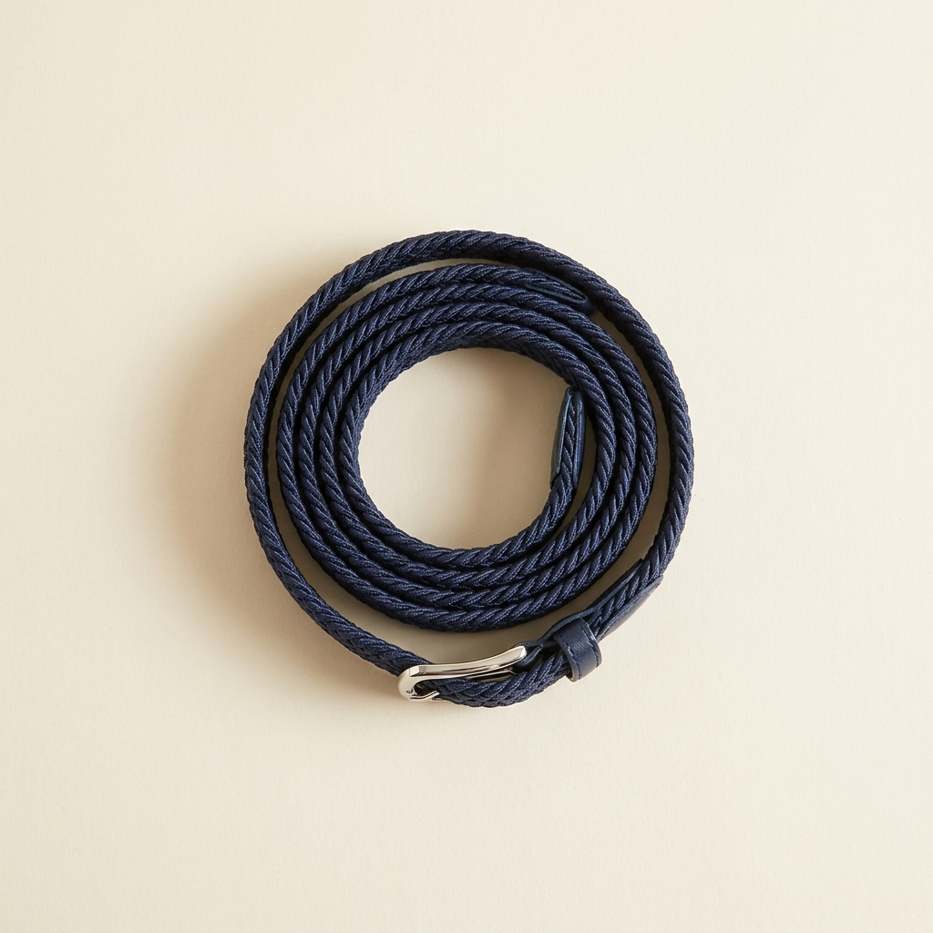 Oceane navy braided stretch belt with a silver buckle, coiled on a cream studio backdrop