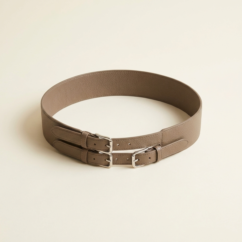 Ophelie wide taupe cinch belt with a double buckle, on a cream studio backdrop