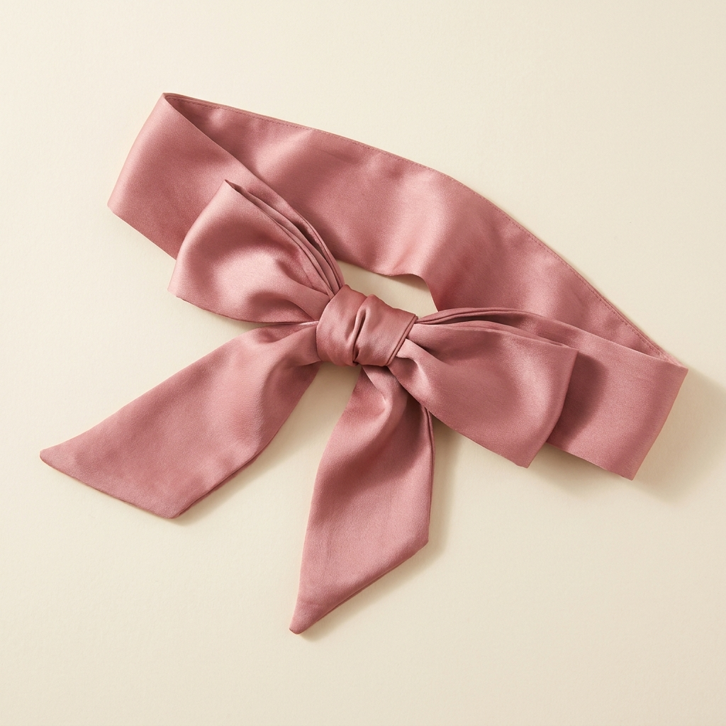 Sabine wide dusty rose satin sash belt tied in a bow, on a cream studio backdrop