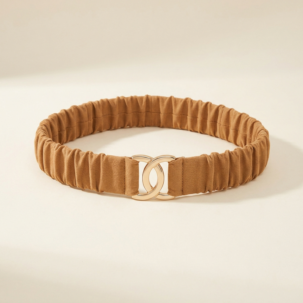 Veronique wide camel ruched elastic belt with a gold clasp, on a cream studio backdrop